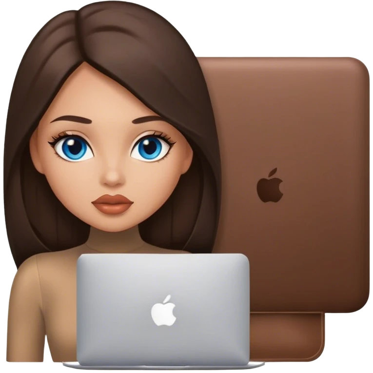 Glamours tanned very beautiful girl with big pump peach lips and dark chocolate straight smooth long hair, blue eyes in brown/beige bodysuit with MacBook emoji
