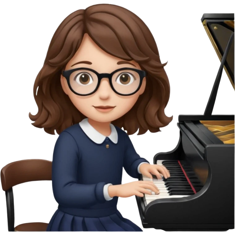 girl brown hair wavy. round glasses eye. playing piano emoji