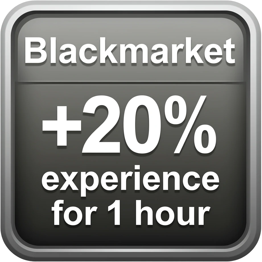 Мне нужно эмодзи для BLACKMARKET PASS. Оно должно быть в хорошем качестве.Первый:FREE · common · LVL 2

common

+20% к получаемому опыту на 1 час. emoji