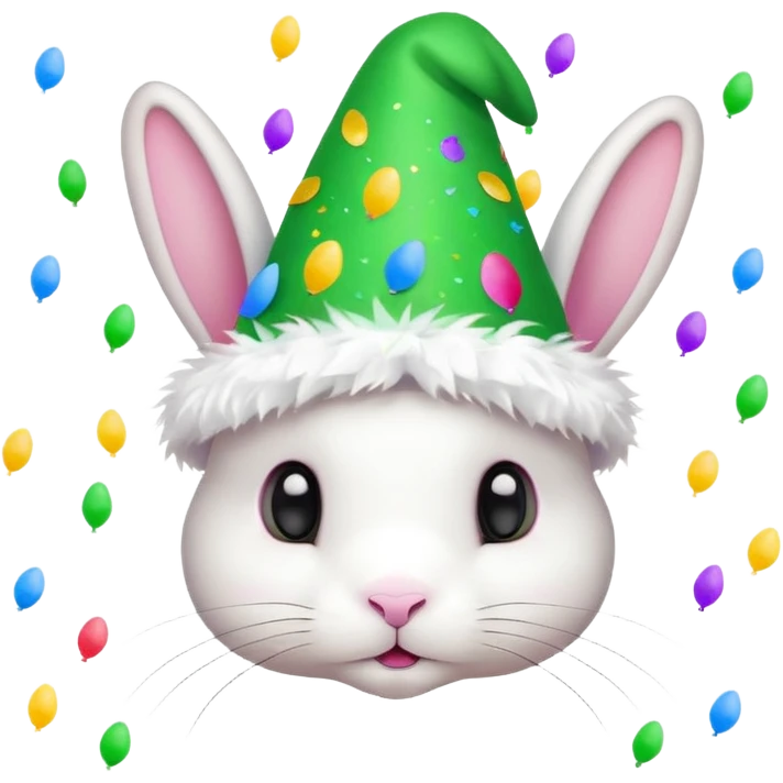 Rabbit in Green Party Hat – white bunny with cone party hat and confetti. emoji