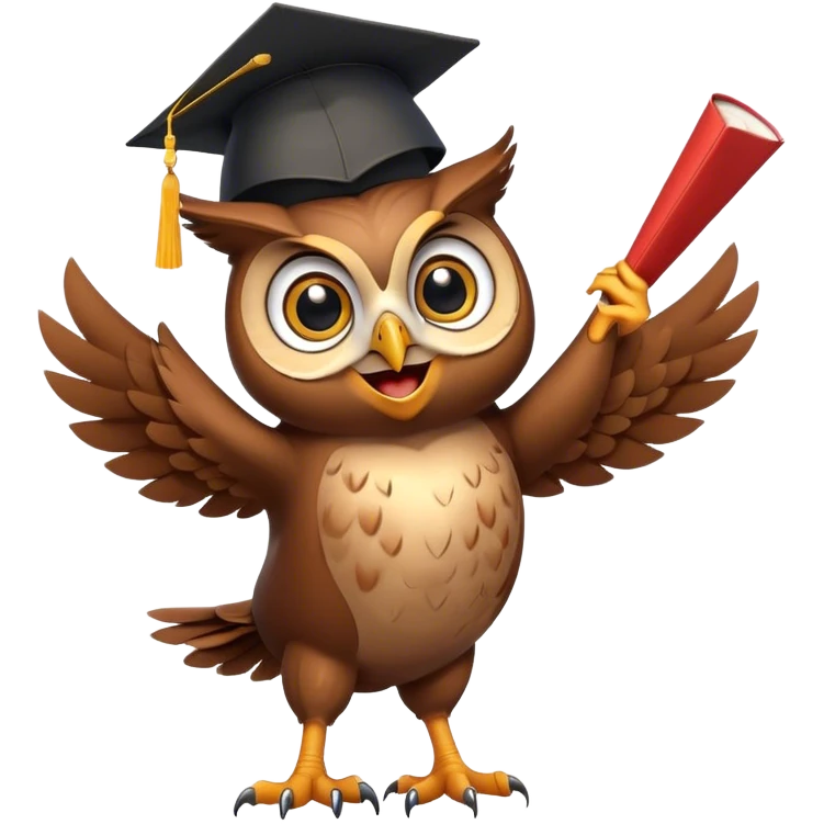 Owl smiling and dancing with graduation hat and diploma in claws emoji