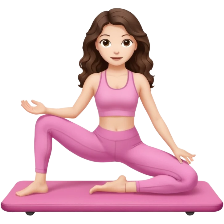 White, brown -eyed, brunette cute feminine lady emoji with wavy long hair doing pilates wearing pink pilates fit emoji