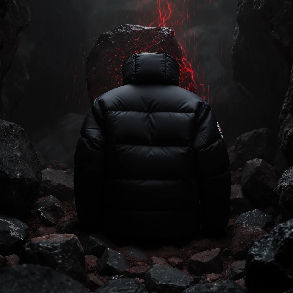cinematic still of a black puffer jacket around black stone with red coal temeperature environment, back red light emoji