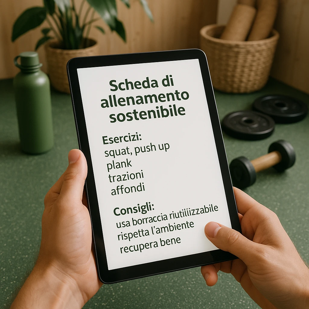 Add Italian text on the tablet with the following content: 'Scheda di allenamento sostenibile', 'Esercizi: squat, push up, plank, trazioni, affondi', 'Consigli: usa borraccia riutilizzabile, rispetta l’ambiente, recupera bene'. Style should be hyperrealistic, 4K, eco-friendly gym. emoji