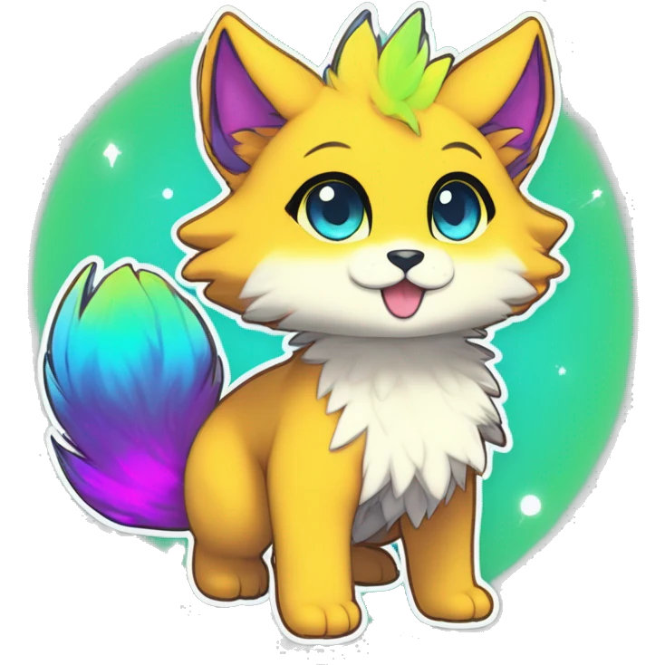 Anthro Fluffy Cool Cute Magical Elemental Shiny Colorful Neon Vibrant Colors Sparkle Kemono-style Chibi Fantasy-Animal-Fakémon-Pokémon-Hybrid Fur Sona Aesthetic Full Body Sticker emoji