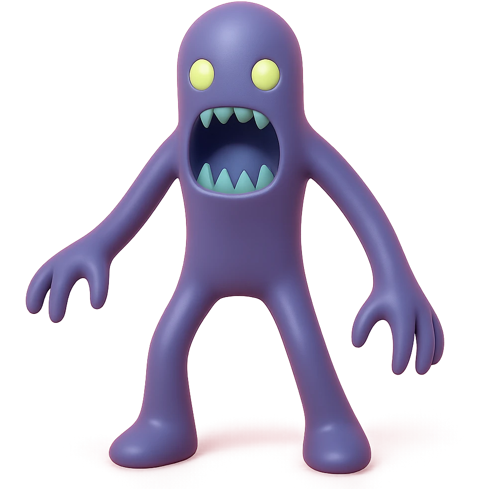 terrifying monster with elongated limbs, gaping mouth with sharp fangs, glowing eyes, shadowy body, toy-like vinyl figure emoji