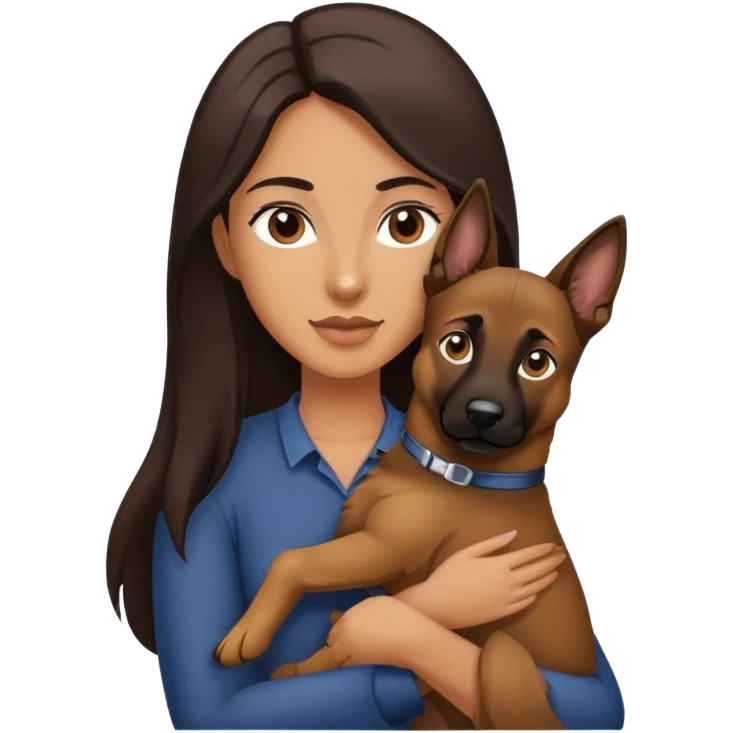 woman with long dark brown hair holding a Malinois dog in her arms emoji