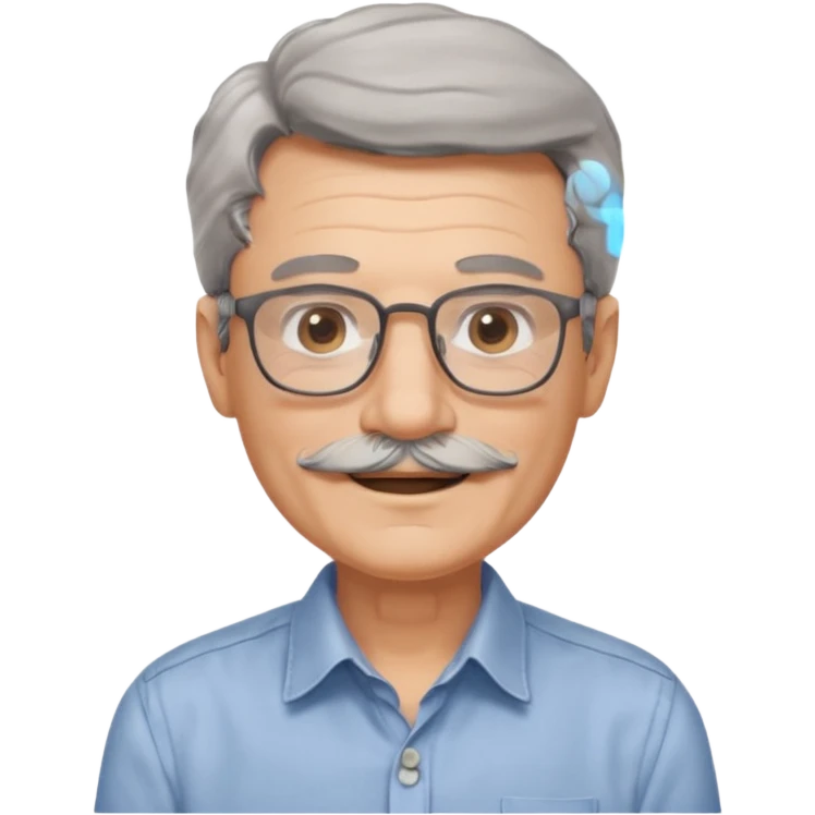 Generate a portrait of a slightly older man with glasses. His hair is quite thin, gray, but wavy. He has brown eyes, a mustache, and is smiling. emoji