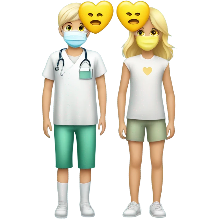 Two blonde children, sick, each in their own bed, wearing surgical masks, one Boy, one girl, at home, get well soon sign with yellow heart emoji