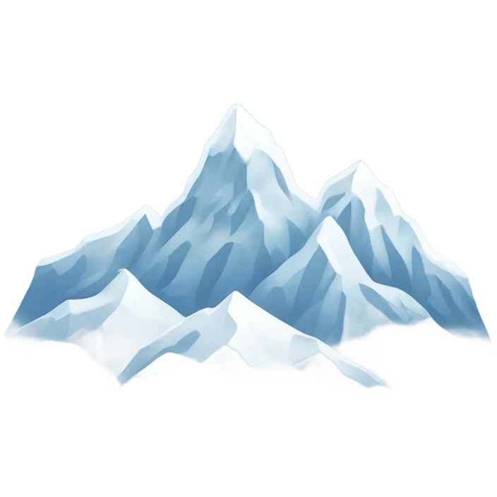 Create an emoji featuring snowy mountain peaks under a clear blue sky. Add a few snowflakes falling and soft white clouds. Use cool tones like white, light blue, and gray for a crisp, wintery aesthetic emoji