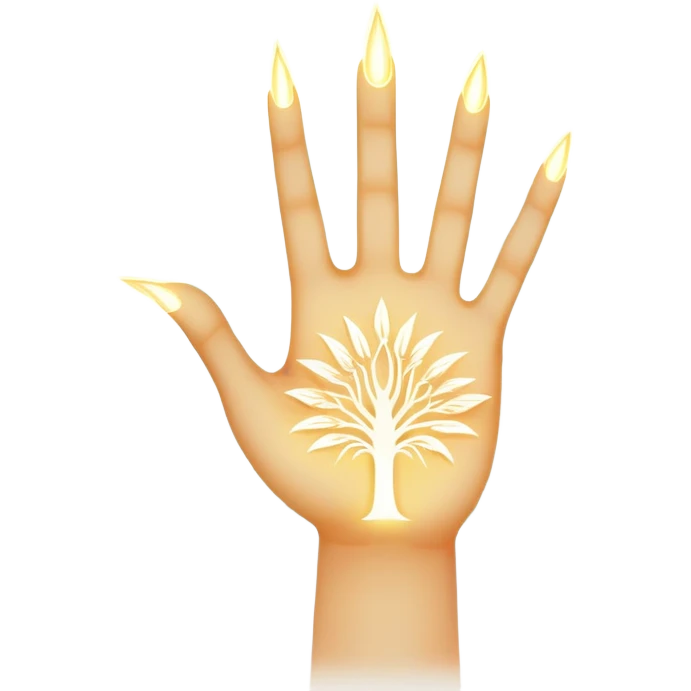 ethereal glowing hand with intricate symbolic palm lines, radiating mystical energy emoji