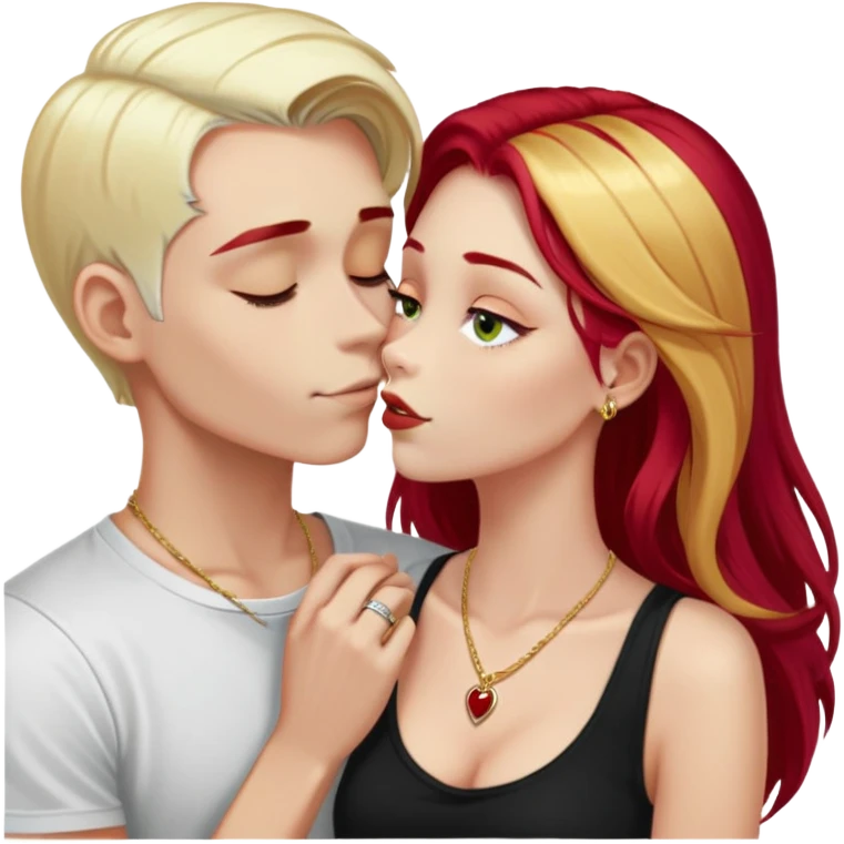 couple kissing, girl with long cherry red hair, blonde eyebrows, gold A necklace, boy with SHORT PURE WHITE HAIR (not blonde, not gray, but WHITE like snow), dark t-shirt, silver ring emoji