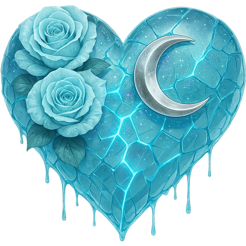 Edit the gothic heart to feature splintered light blue glass, a silver crescent moon, light blue roses, holographic stardust, neon lightning, and a wet look. Keep the background transparent. emoji