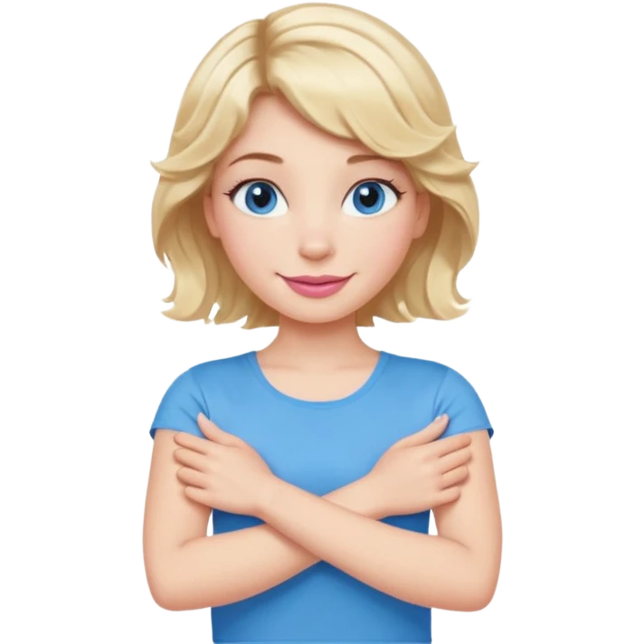Girl Blonde short wavy hair,  blue eyes, cute blue top, long lashes, pink lips, smiling, making cross arms with arms  emoji
