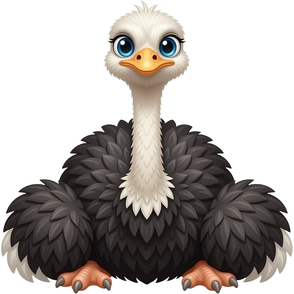 Ostrich sitting down facing the front with blue eyes emoji