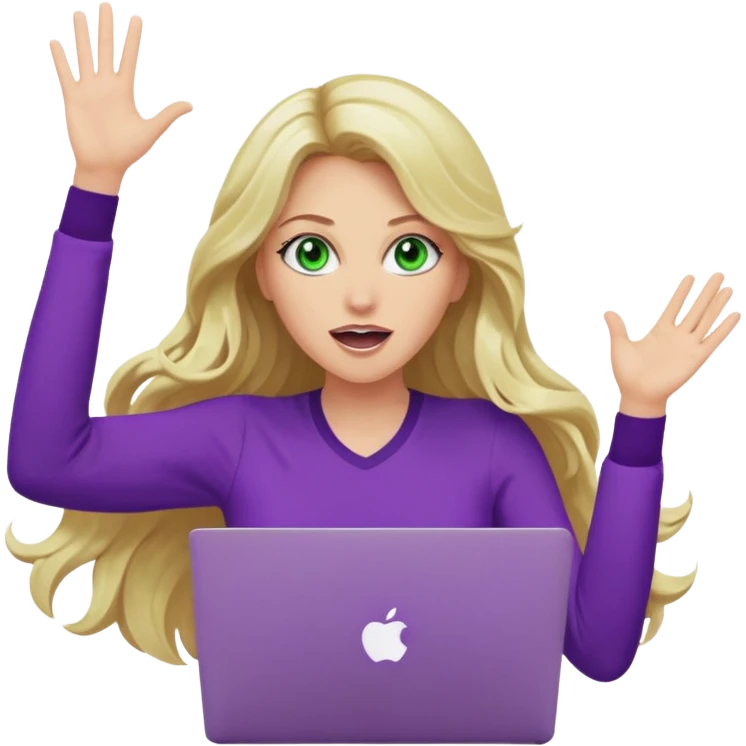 lady with long wavy blonde hair, purple top, green eyes, throwing her with a purple mac laptop hands in the air screaming emoji