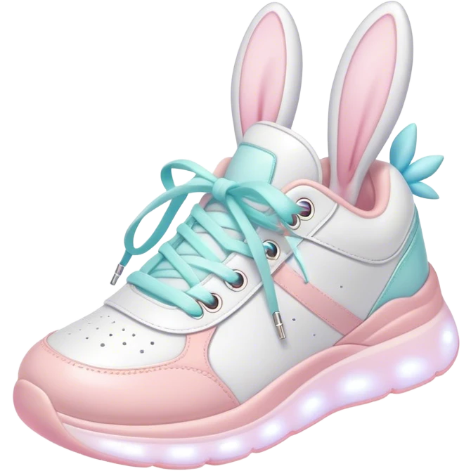 Cute Kawaii Shoe, small and bouncy, soft pastel sneakers with glowing highlights, cute sparkling eyes, a happy cheerful expression, laces tied like bunny ears! emoji