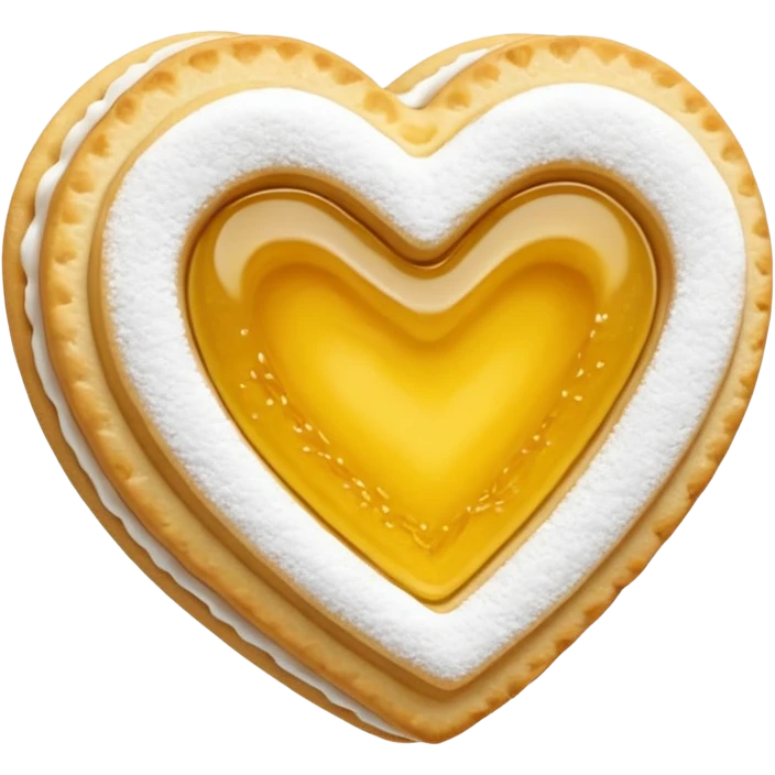 Realistic shortbread cookie in the shape of a heart with color of lemon jelly middle filling and sprinkled powder sugar on top. emoji