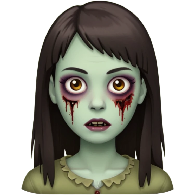 Tenho uma franja vegana, sombrancelha reta fina, um rosto oval e meu cabelo é grande e castanho escuro. Faça no estilo zumbi  emoji