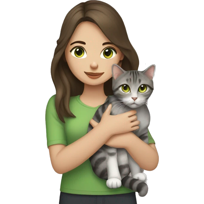Brunette girl with green eyes holds a British cat in her arms, gray tabby with brown eyes emoji