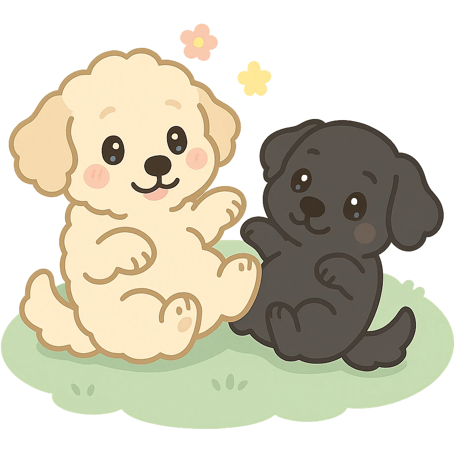 large light cream colored goldendoodle and small black golden retriever, chibi style, rolling on the grass together emoji