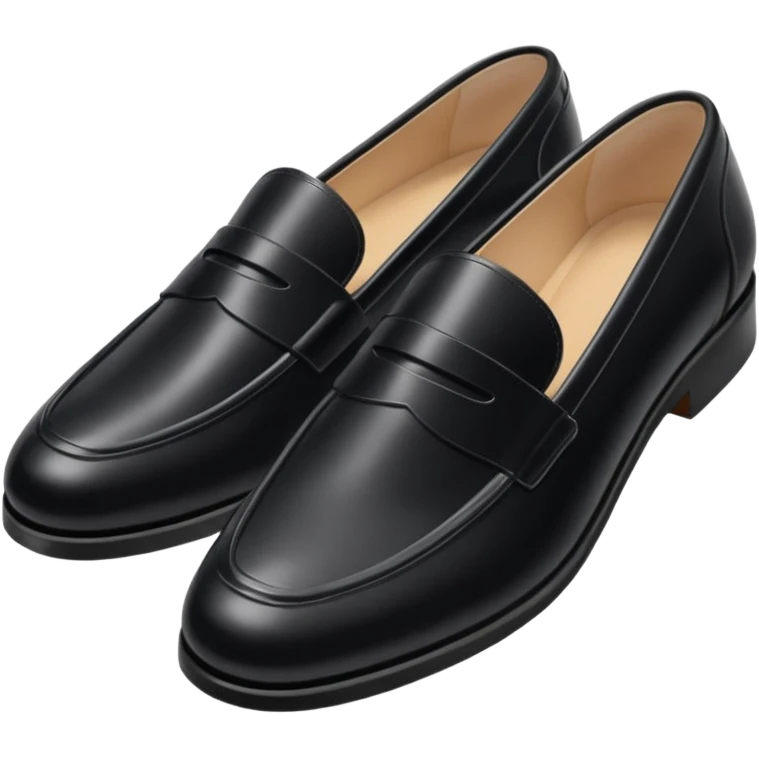 Aesthetic black loafers emoji, soft pastel minimal illustration, smooth shiny leather, delicate highlights, simple cute proportions, fashion sticker style, clean white background, soft shadow, minimal luxury vibe, high resolution, centered, emoji