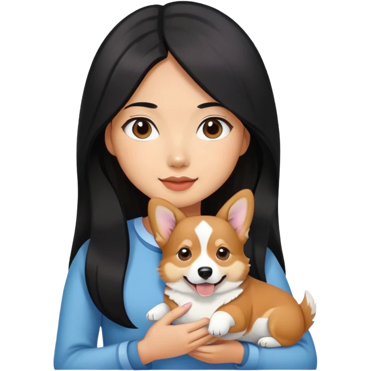 Asian girl with long black hair holding her corgi dark brown and white color emoji