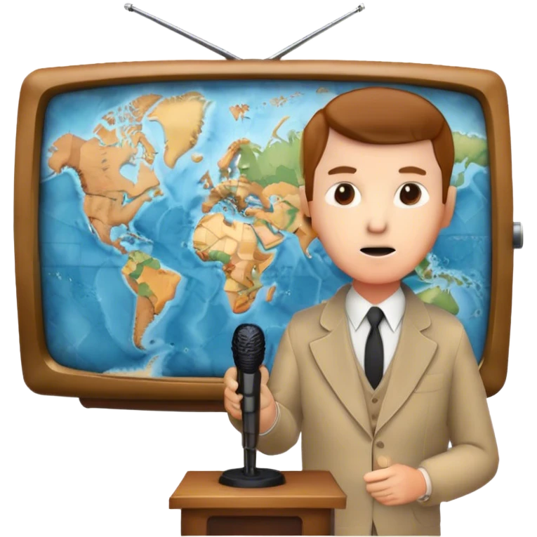 Icon for Documentary Film (TV style): A large vintage TV screen with a serious-looking host standing in front of a map. The host holds a microphone, and the map displays historical or geographical information. Retro TV broadcast style. Transparent background. emoji