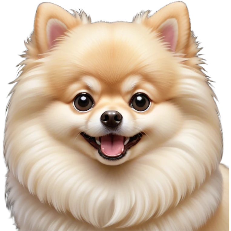 Cinematic Comical Cream Pomeranian Portrait Emoji, Head tilted dramatically with an exaggeratedly shocked or amused expression, featuring a glossy, fluffy cream Fur with a radiant sheen, wide, expressive dark eyes filled with playful disbelief, Simplified yet hilariously expressive features, highly detailed, glowing with a slightly sassy glow, high shine, dramatic yet playful, stylized with an air of cheeky mischief, bright and endearing, soft glowing outline, capturing the essence of a spirited and over-the-top companion, so meme-worthy it feels like it could side-eye its way into internet fame instantly! emoji