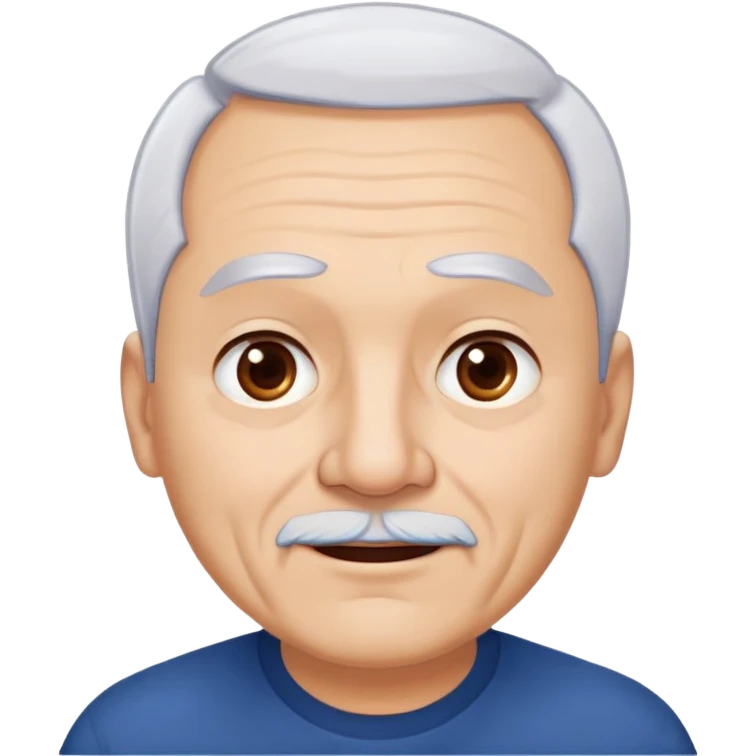 Charismatic older Hispanic man with light skin, round face, wide jaw. Lively dark brown eyes that look humorous. Thick straight eyebrows. Short white hair with receding hairline. Clean-shaven. Wearing a dark blue shirt. emoji