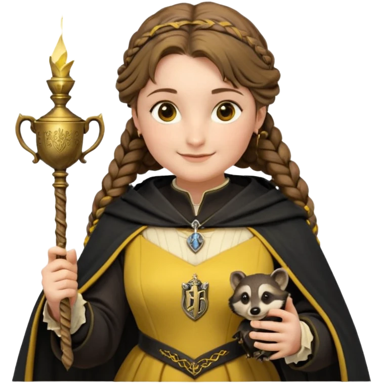 Helga Hufflepuff,the Hogwarts founder of Hufflepuff,brown-haired,2braids,yellow-black medieval dress with black cloak decorated with gold braiding,flickering magic wand and tiny two-handled shiny gold cup engraved with the badger silhouette,very kind smile,curvy busty sweet emoji