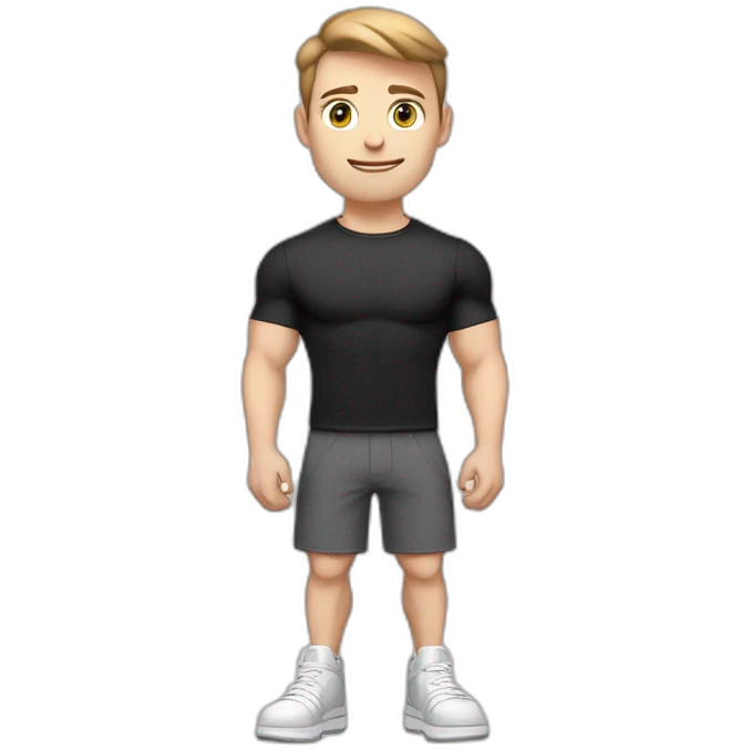 Pale skinned Fit Man With the biceps and light brown hair in black shirt, gray sports shorts and white Sneakers Writing text on the flipchart emoji