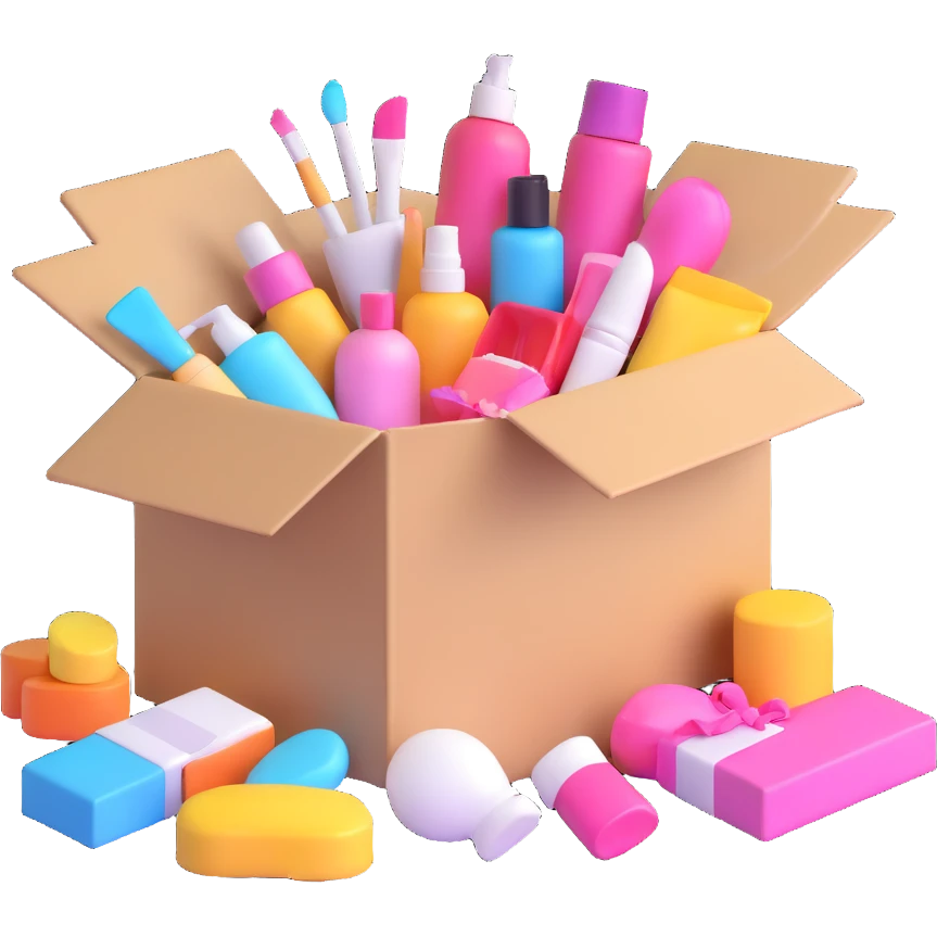 an opened box with assorted beauty items emoji