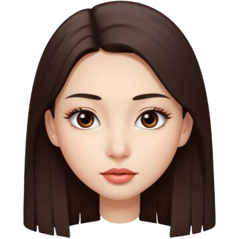 Una chica con piel muy clarita con pleo liso largo de color castaño y unos ojos marrones oscuro y labios grandes y nariz bonita y con unas pestañas que parezca asiatica que tenga las cejas un poquito mas juntas emoji