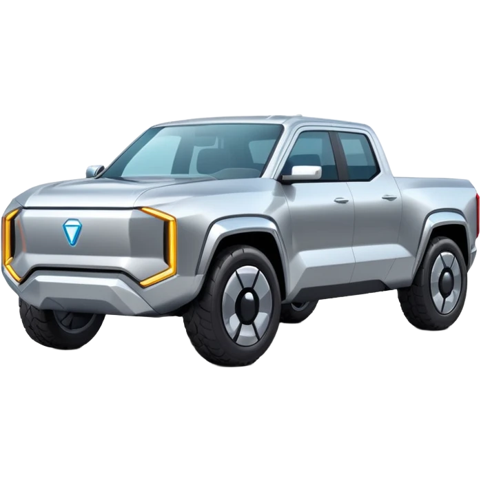 A futuristic electric pickup truck emoji, silver chrome body, angular cyber design, smooth metallic panels, subtle reflections, minimalistic proportions, iOS emoji style, centered composition, clean white background, soft lighting emoji