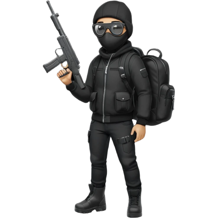 YN wearing a ski mask, holding a gun, all black fit, black jeans, Sprayground bookbag, confident stance, with glasses emoji