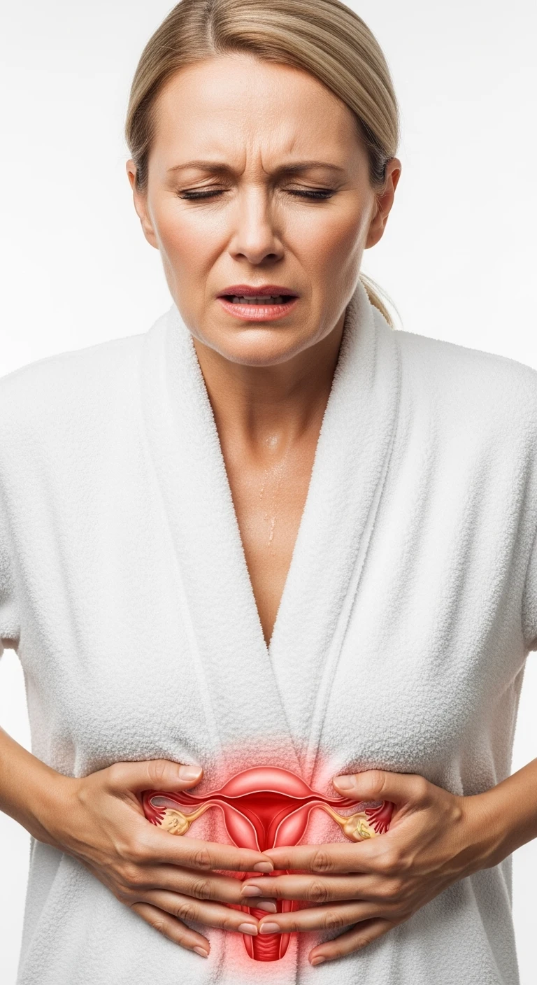 donna con utero umano realistico in evidenza dolorante, espressione di dolore in volto, sfondo bianco, non farla computerizzata, ma iperrealistica 4k emoji