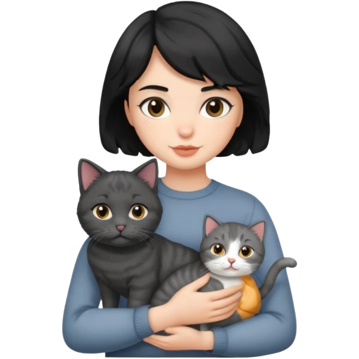 wavy black haired girl with a short haitcut holding a british cat emoji