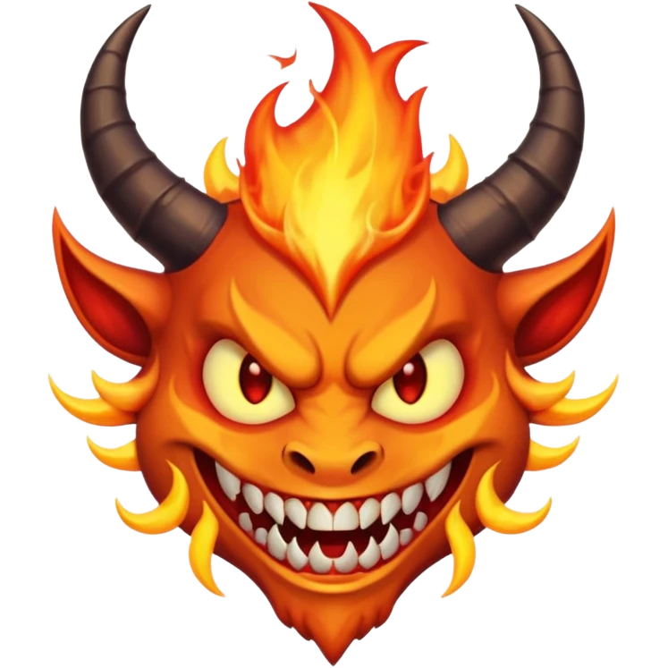 Create a dark-themed emoji of a demonic face with sharp, curved horns, glowing white eyes, an evil grin with large pointed fangs, and abstract flame-like patterns around the face. The background should be pure black. emoji