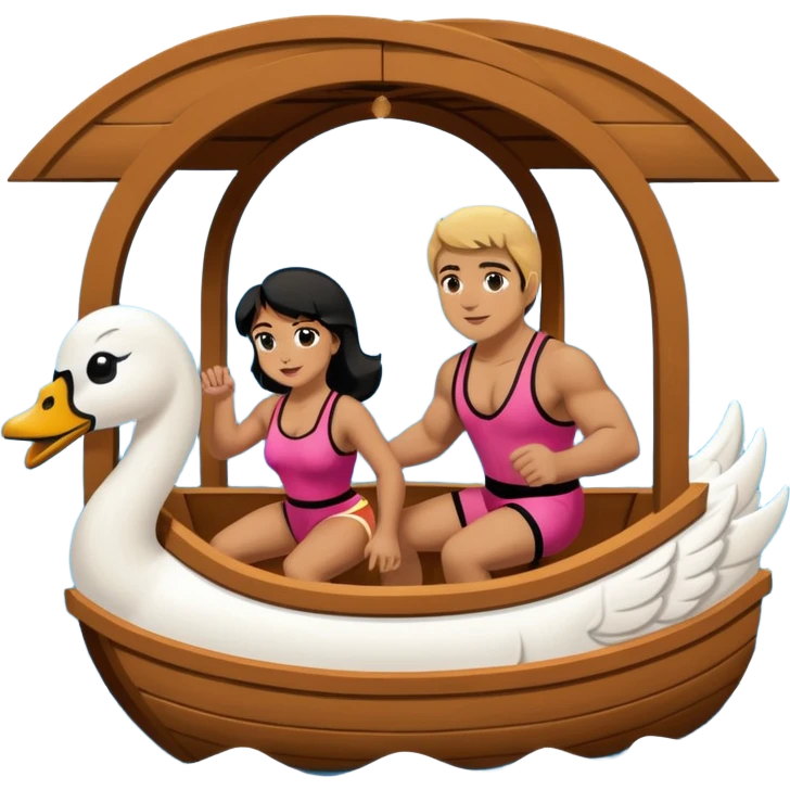 Man and woman WWF 80’s wrestlers riding in a tunnel of love swan boat  emoji