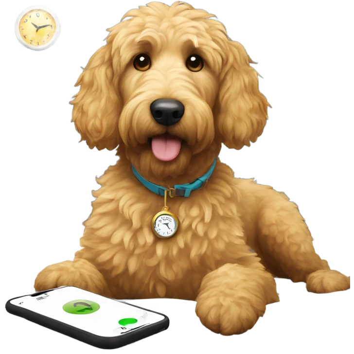 Golden doodle next to alarm clock  emoji
