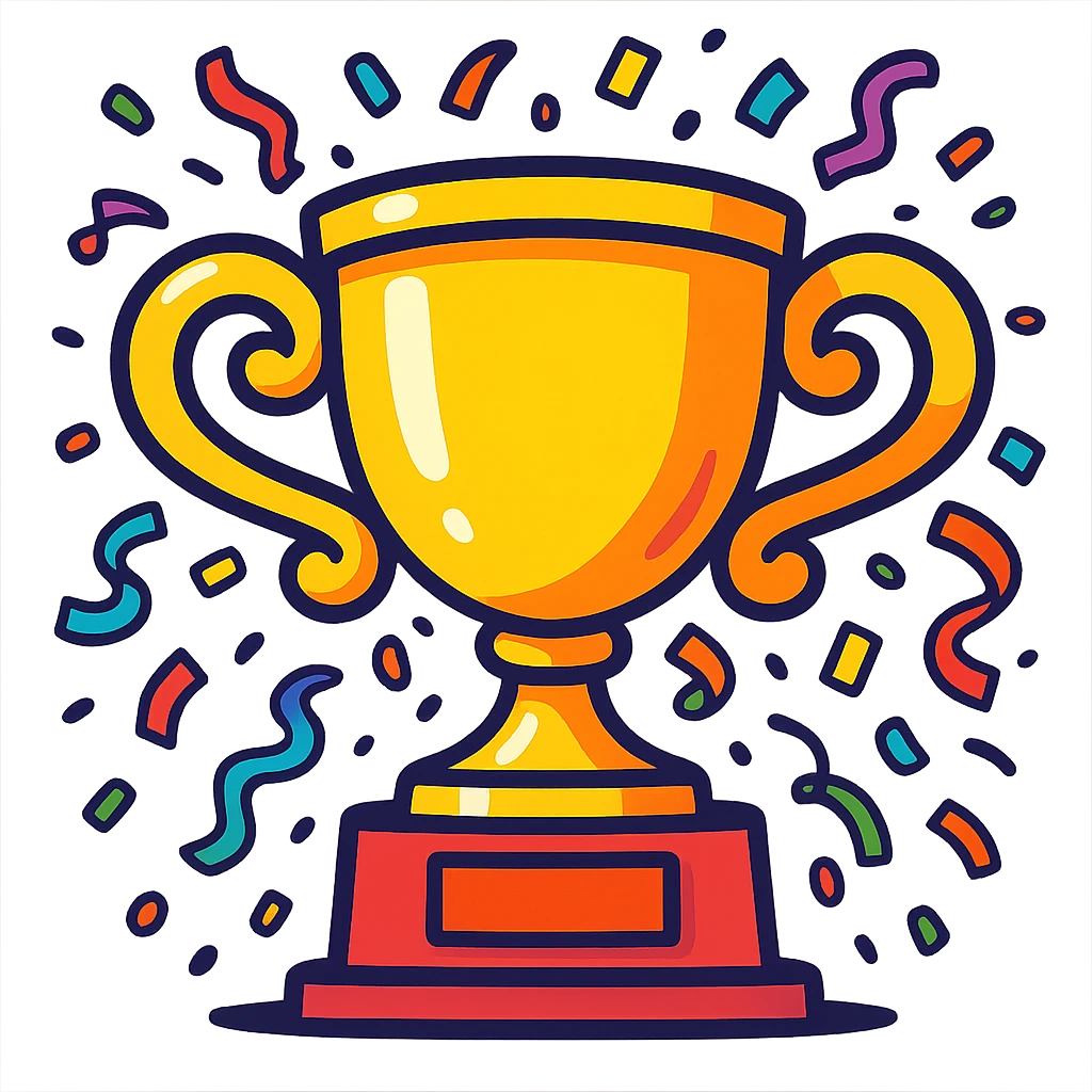 cartoon style trophy with confetti, festive, colorful, exaggerated features emoji