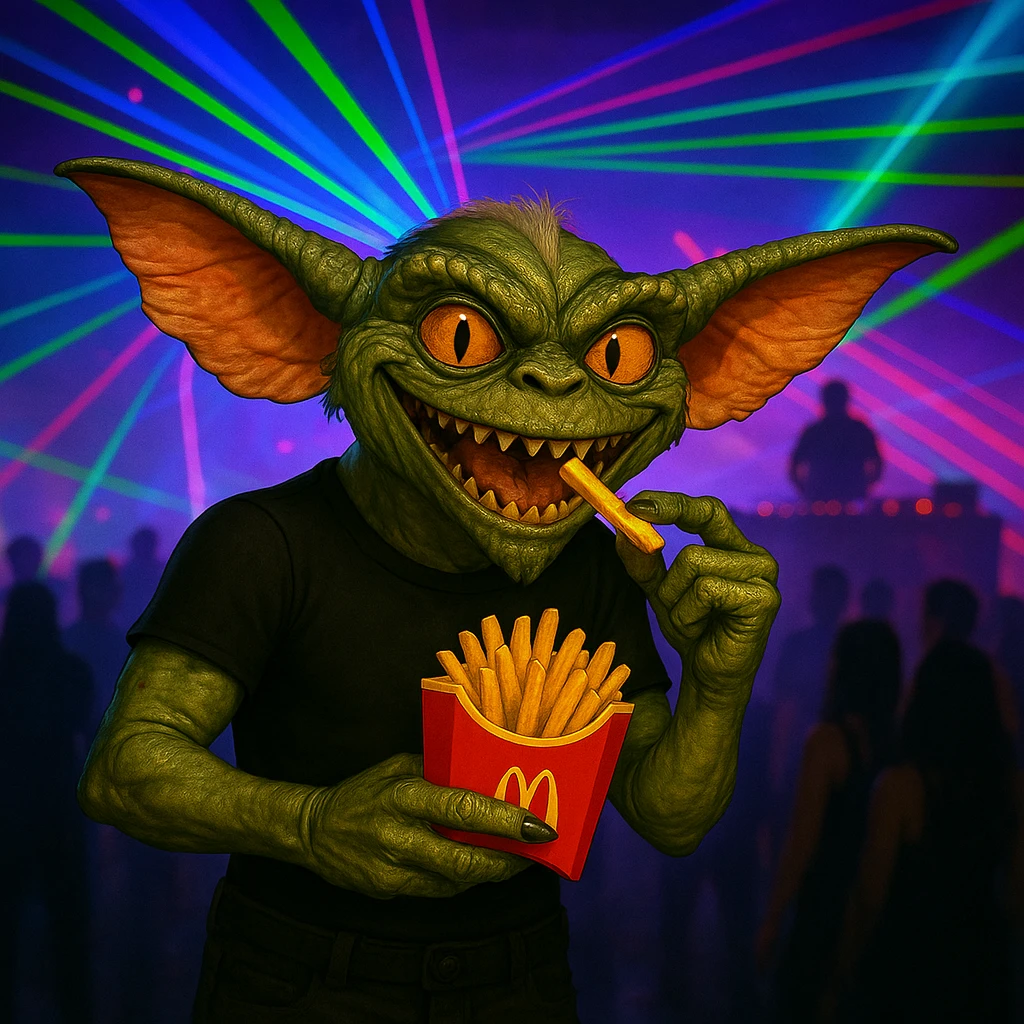 Change the gremlin's see-through top to black, keep the rave and McDonald's fries theme. emoji