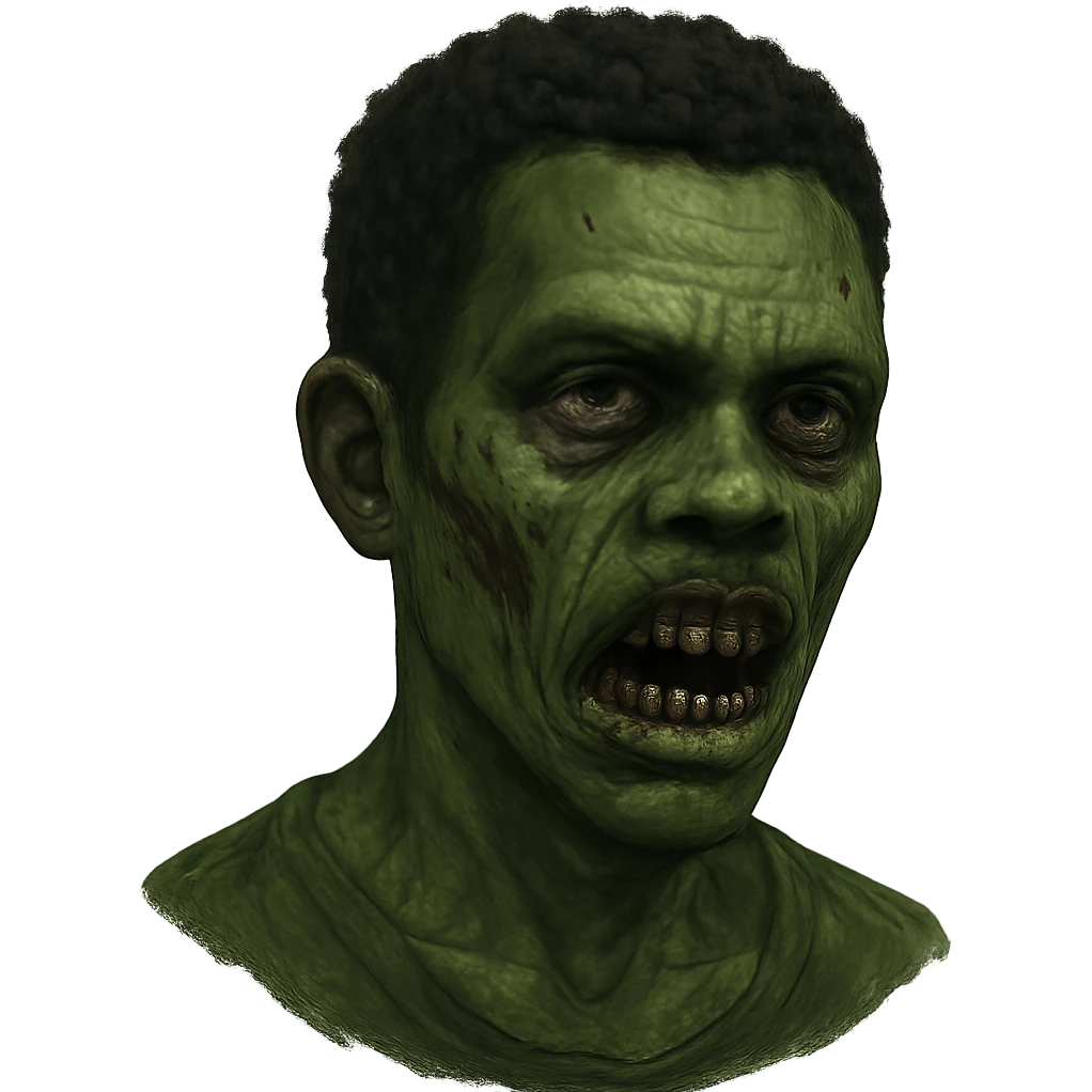 green zombie with short black curly hair, dark skin features emoji