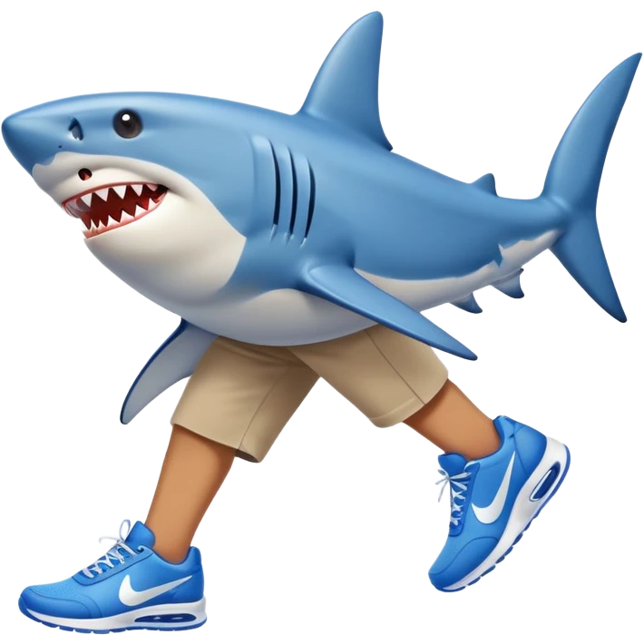 shark on the beach with human legs wearing blue Nike shoes, emoji style emoji