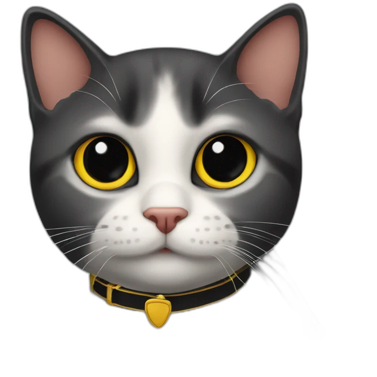 Gato negro con ojos amarillos mirando juzgando, con un collar que diga salem emoji