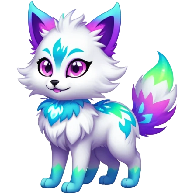 Vibrant multicolored neon-colored Falvie-Fionbri-creature-sparkle-feline-canine-hybrid-fursona, full body emoji