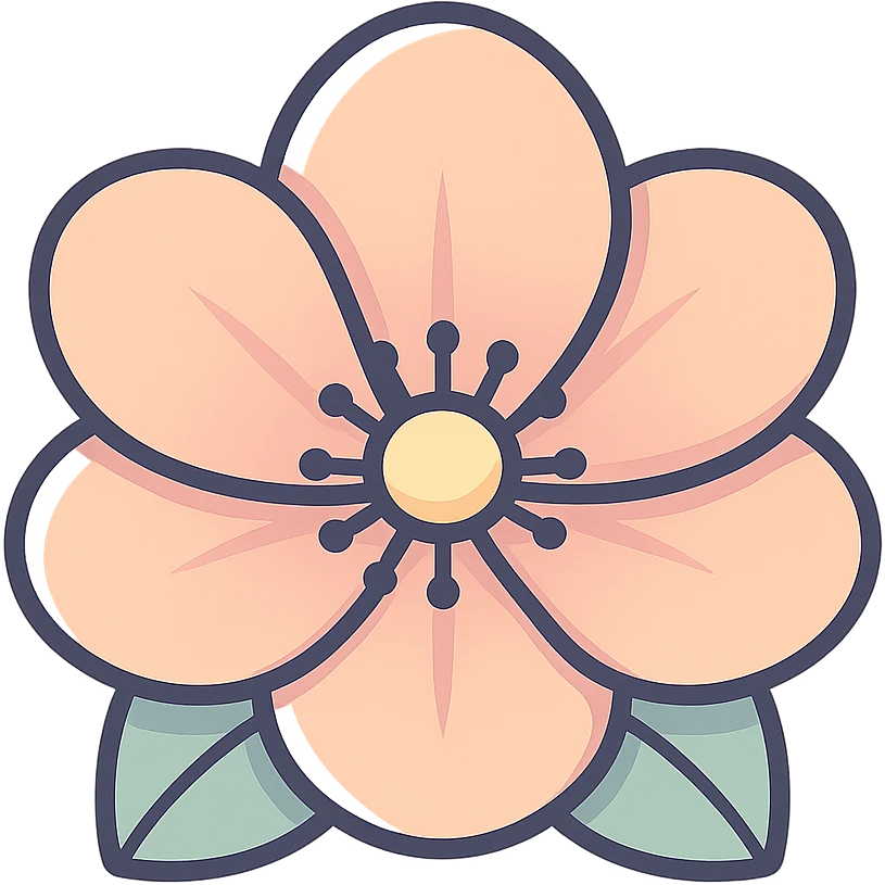 peach flower with open petals, strictly front view, icon-color-outlined style, volumetric, detailed shadows and highlights, smooth color transitions, thin clean contours, soft rounded shapes, pastel palette #98B5BC, #B5B3C1, #C9A3C9, #E4C0CA, #F7DCD1, #F7C0AA, modern Japanese pop art and sticker aesthetics, soft lighting, transparent background emoji