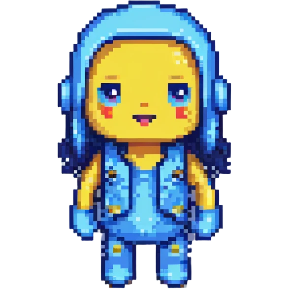 blue character with pixelated details, cute and expressive emoji