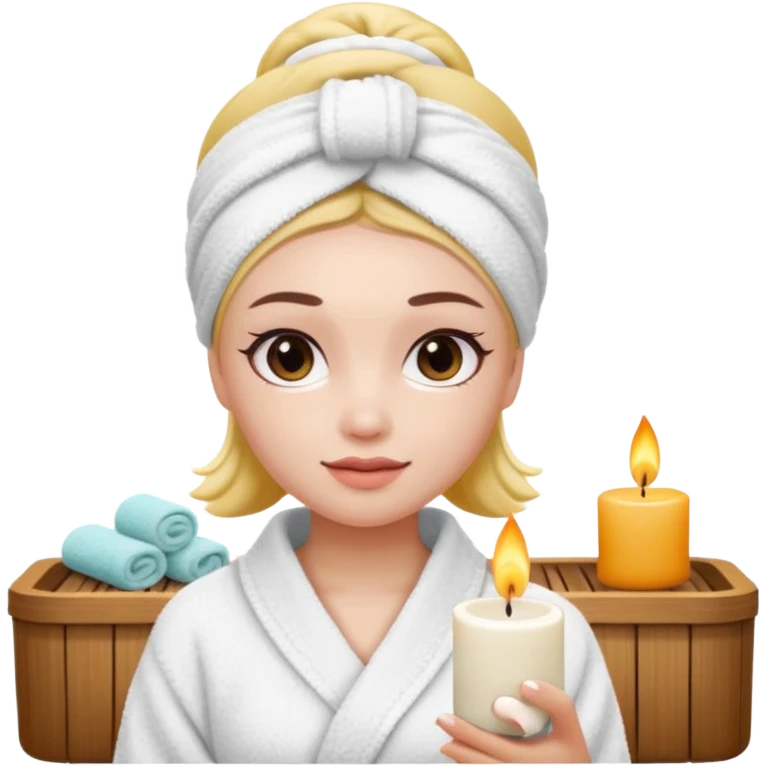 girl with a towel headband at the spa, holding a scented candle, iPhone memoji style, white skin emoji